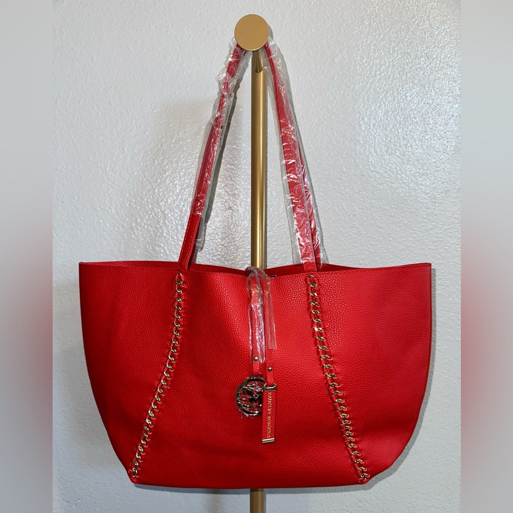 NWT Badgley Mischka Red Tote Bag with Gold Chain Design